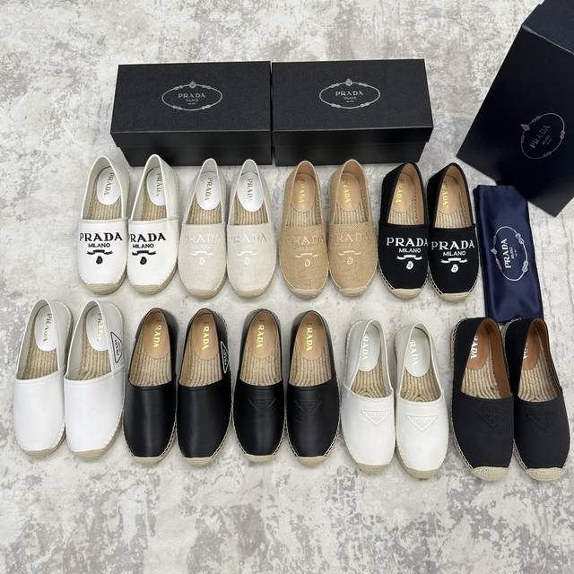 家新品 普拉-达Prad*新品渔夫鞋 官方售价Rmb,380 原系列牛皮，帆布，麻料布，手工缝制 麻底乐福鞋，一脚蹬穿着 外侧饰以立体品牌 Logo 标识点缀
