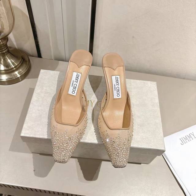 工厂P价 女装女鞋 运动原单 2025Jimmychoo 周仰杰仙女小方头网纱高跟拖鞋半拖Jimmy Choo｜周仰杰经典水晶网纱仙女小方头高跟拖鞋半拖超级仙的