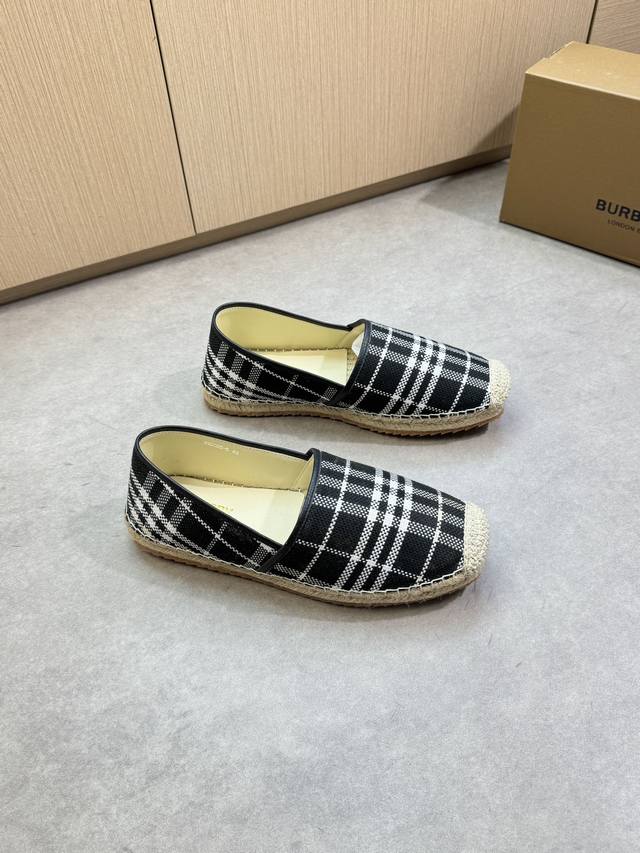 Burberry 巴宝莉 -高端品质 原单 休闲渔夫鞋-鞋面：进口纳帕小牛皮、品牌图腾布匹、鞋邦处与编织绳水台 手工串缝马克线-内里：水染牛皮-大底：超轻Tpr