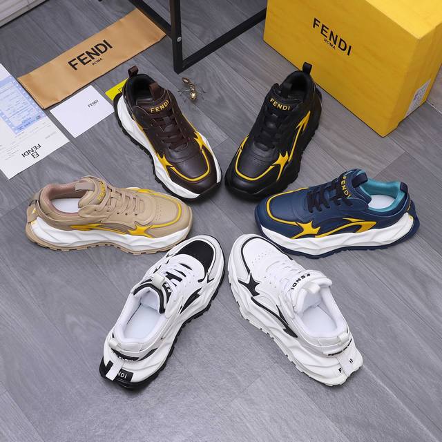 调工厂P价 男装男鞋 运动原单商品商标：Fendi 芬迪 厚底休闲鞋正码码数: 38-46 38.45.46定做不退换 商品材料：精选 头层牛皮拼接鞋面 网内里