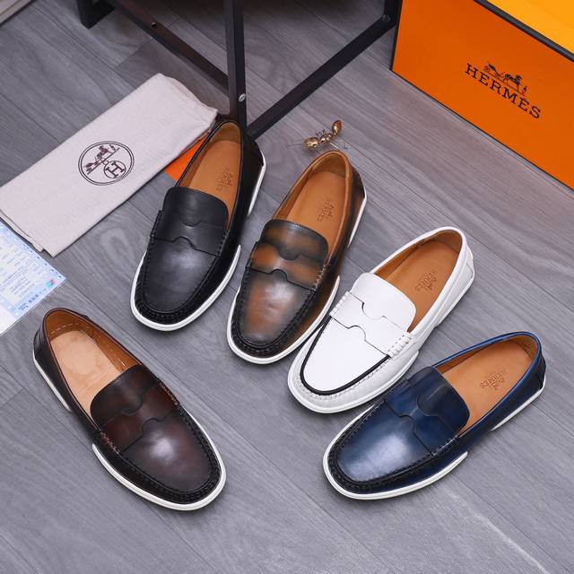 调工厂P价 男装男鞋 运动原单 商品商标：Hermes 爱玛仕 休闲套脚皮鞋正码码数: 38-46 45.46定做不退换 商品材料：精选 优质牛皮鞋面 牛皮内里