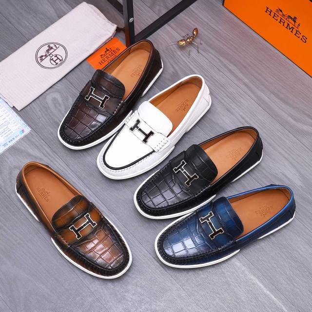 调工厂P价 男装男鞋 运动原单 商品商标：Hermes 爱玛仕 休闲套脚皮鞋正码码数: 38-46 45.46定做不退换 商品材料：精选 优质擦色石头纹牛皮鞋面