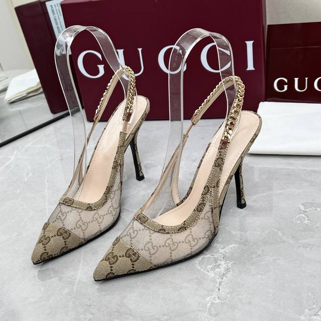 Gucci 古驰 25链条高跟凉鞋面料：布+网纱内里:羊皮大底：意大利真皮大底跟高：4.5Cm 10.5Cm码数：35-42