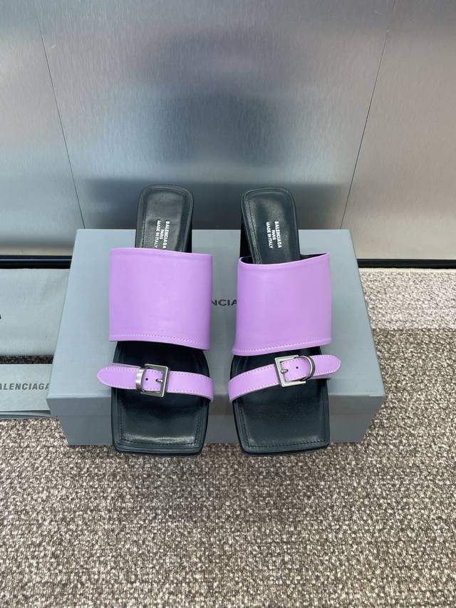 工厂P价P Balenciaga 2025春夏新款果冻色方头粗跟金属皮带扣女鞋 巴黎世家字母Logo五金扣高跟露趾凉拖鞋材质:鞋面定制进口小牛皮+混种羊皮里+意