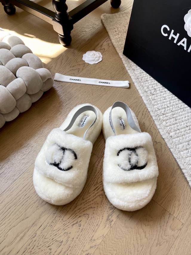 Chanel 25K新款厚底弹力毛拖！顶级版本！抢先发售鞋面真羊毛！手感细腻柔软丝滑 原版开模橡胶底码数：35-41 40 41定做不退换