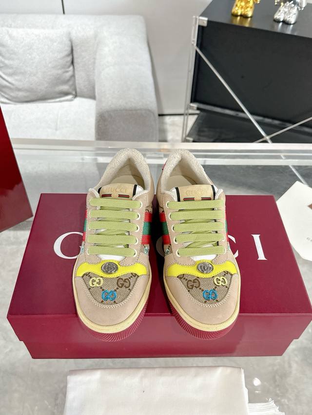女款 Gucci Screener系列男女运动鞋情侣款脏脏鞋 小脏鞋Screener系列名称的灵感来源于体育运动中的防守动作，运动鞋的设计从20世纪70年代的经