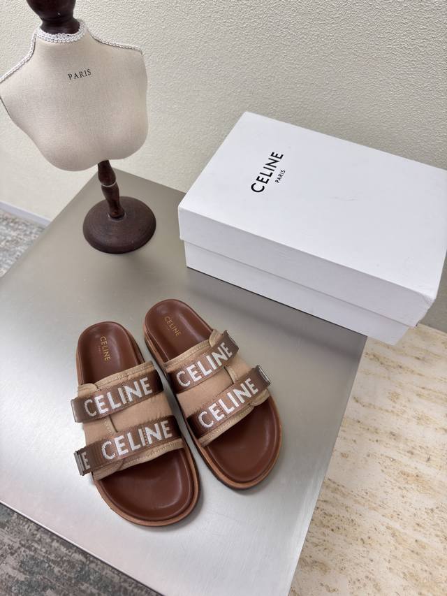 厚底双层 织带Logo 拖鞋 Celine 夏日专属 凯旋门样式 精品五金扣件凯旋门系列 平底凉鞋 赛琳 家族元素设计 凯旋门 一片式拖鞋 棕色 面料选用打蜡牛