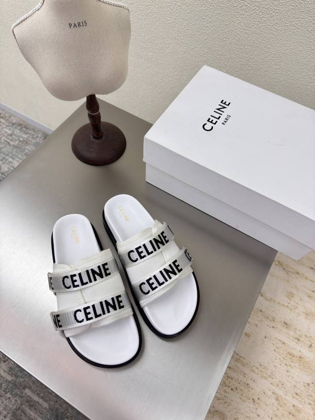 厚底双层 织带Logo 拖鞋 Celine 夏日专属 凯旋门样式 精品五金扣件凯旋门系列 平底凉鞋 赛琳 家族元素设计 凯旋门 一片式拖鞋 白色 面料选用打蜡牛