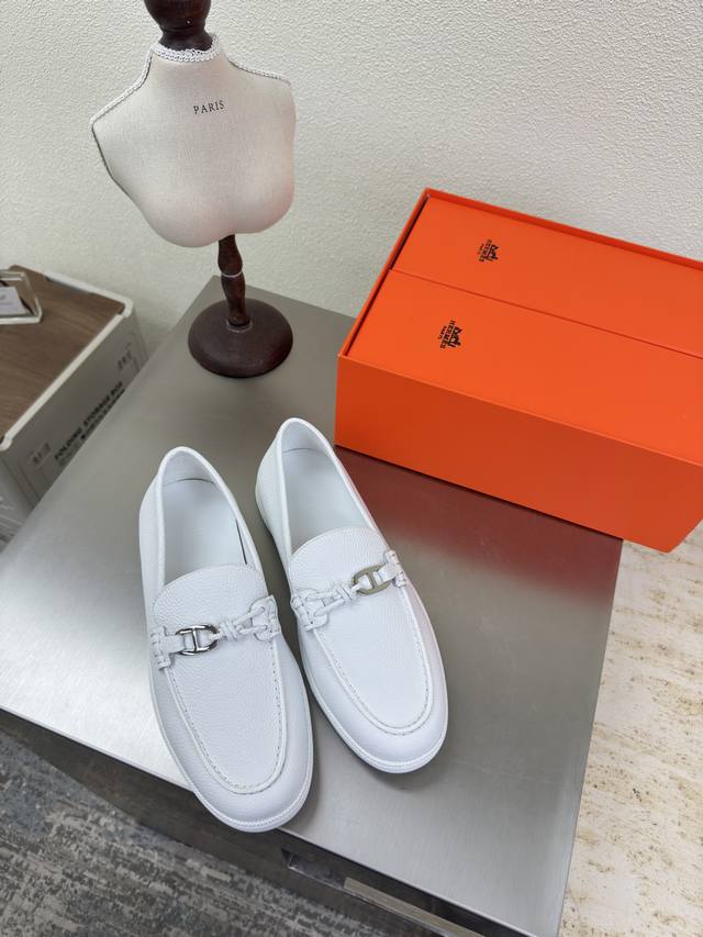 Hermes 爱马仕 H家 Game Kelly扣 厚底乐福鞋爱马仕 高版本 Hh 配手提袋 双只鞋盒包装 Game Kelly 扣 乐福鞋 白色爱马仕 Job