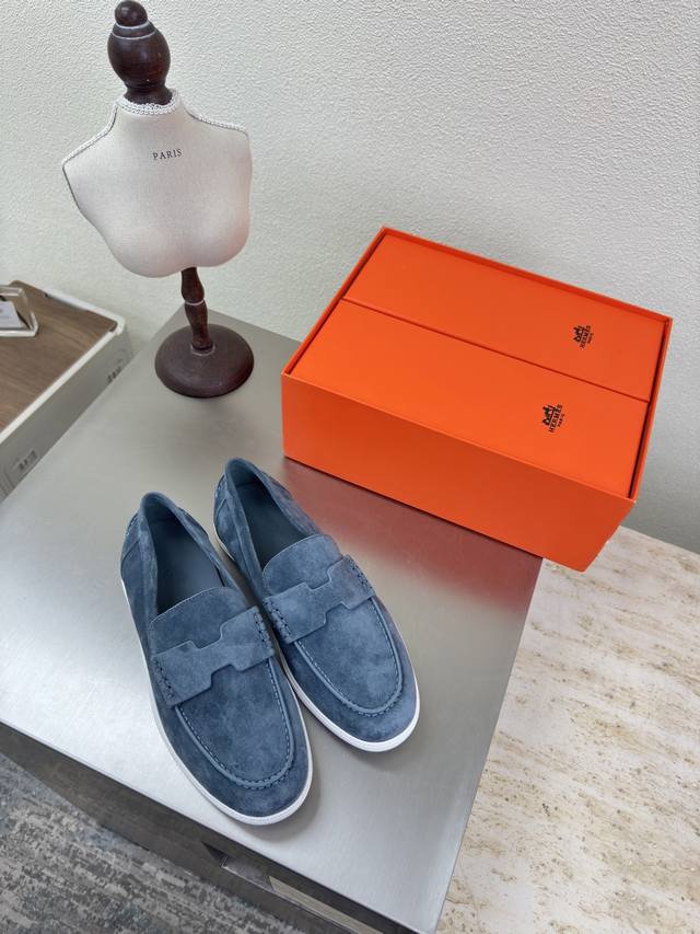H型 皮面油边爱马仕 高版本 Hh 配手提袋 双只鞋盒包装 Job乐福鞋 蓝灰色爱马仕 Job乐福鞋 油边工艺 编号:H242935Za01410小牛反绒麂皮