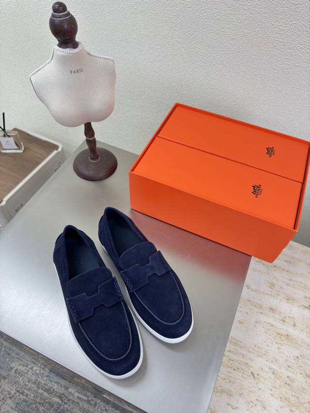 H型 皮面油边爱马仕 高版本 Hh 配手提袋 双只鞋盒包装 Job乐福鞋 海军蓝 爱马仕 Job乐福鞋 油边工艺 编号:H242935Za01410小牛反绒麂皮