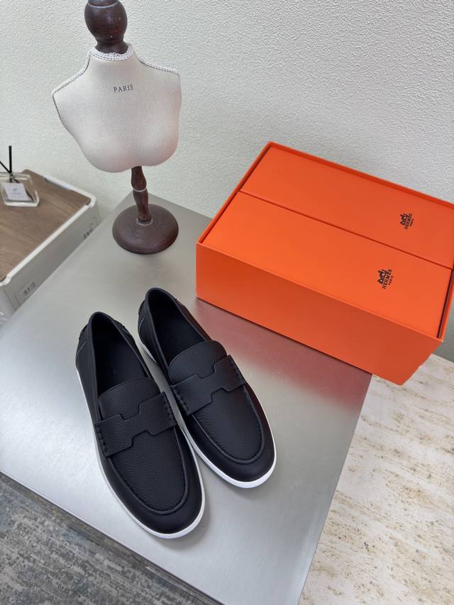 H型 皮面油边爱马仕 高版本 Hh 配手提袋 双只鞋盒包装 Job乐福鞋 黑色 爱马仕 Job乐福鞋 油边工艺 编号:H242935Za01410荔枝纹牛皮 搭