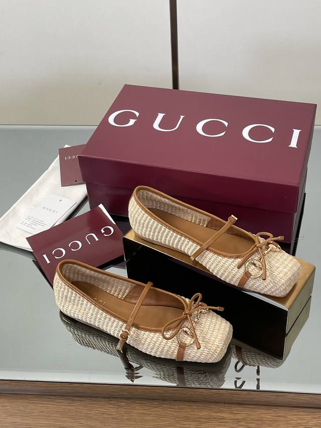 Gucc高端精品 早秋系列新品Gucci Horsebit 编织草编 平底芭蕾鞋 马衔扣新款小方头单鞋经典精致优雅俏皮时髦鱼网清凉平底鞋高质感甜美学院风便鞋原汁