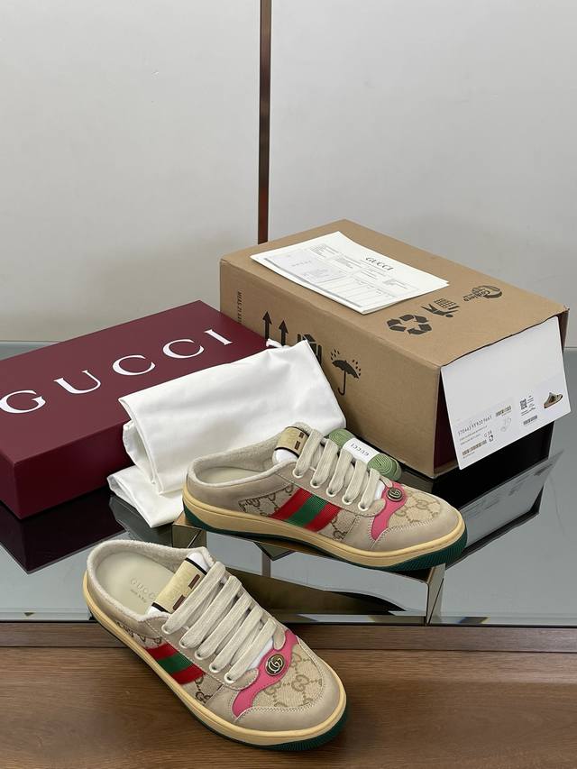 女款 早秋小脏鞋穆勒鞋包头后空拖鞋Screener系列运动鞋新品跑量实价 Gucc*I代购级别顶级产品原版定制 新款 专柜同步颜色更新 Gg系列做旧休闲小脏鞋走