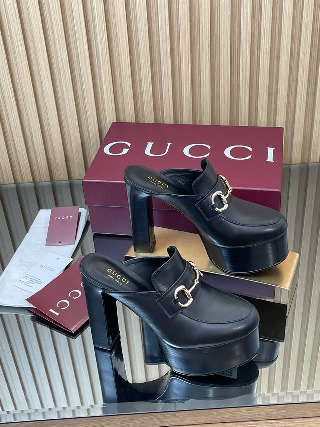 Gucci 古奇 秋季新品原层皮防水台马鞍扣 马衔扣 厚底穆勒鞋恨天高乐福拖鞋 高跟厚底防水台单鞋，鞋柜必备款 原版套楦 高端品质Gucci全新系列匠心呈献马衔