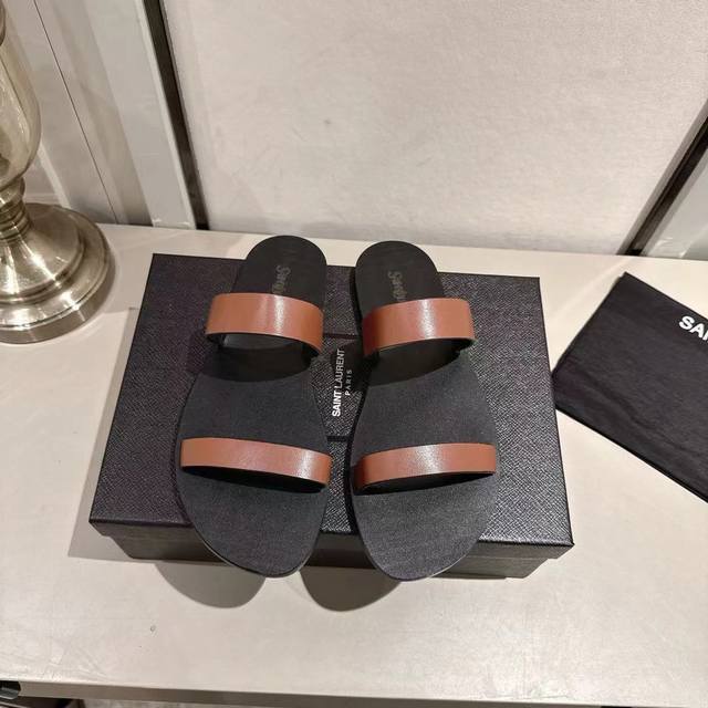 Ysl拖鞋2025新版 红棕色牛皮 码数35-44 35.43.44订做 橡胶大底 真皮大底