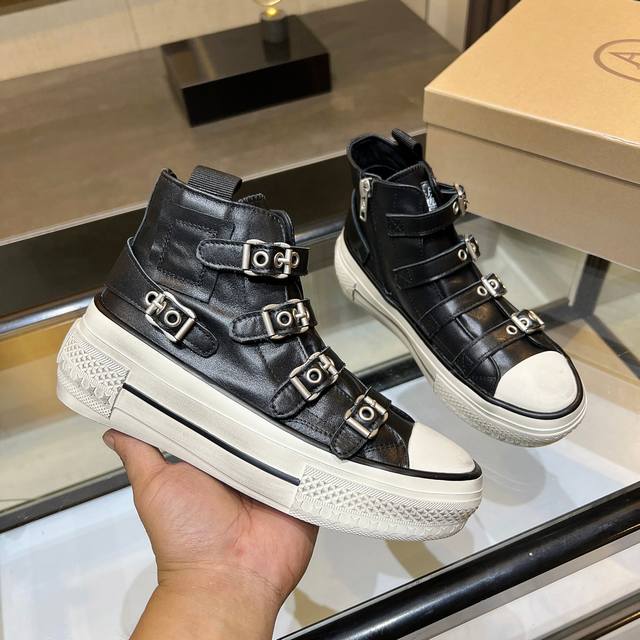 款号051 Ash新品女鞋秋季做旧高帮厚底运动休闲潮鞋，精选原版经典金属饰扣，原版开模防滑橡胶大底跟高4Cm抛脏设计，精美线条、简约大气，上脚感超级舒适上档次