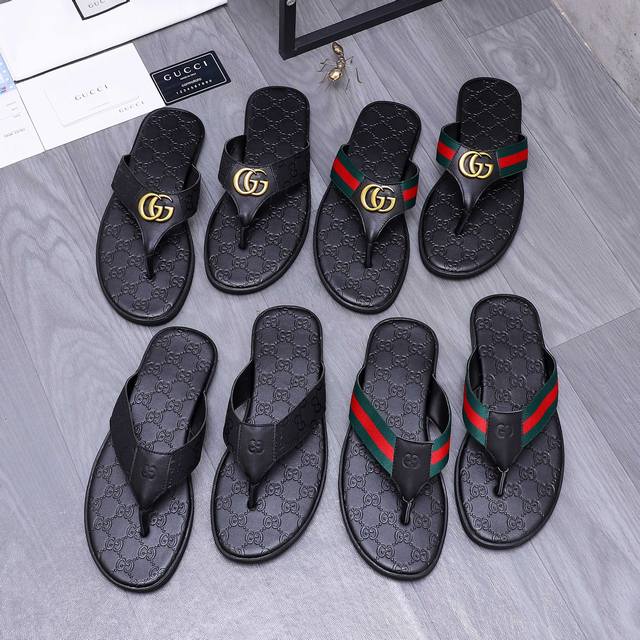 商品商标：Gucci 古驰 人字拖鞋 正码码数: 38-44 45定做不退换 商品材料：精选牛皮拼接织带鞋面 超纤内里 橡胶大底