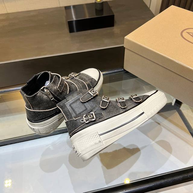 Ash新品女鞋秋季做旧高帮厚底运动休闲潮鞋，精选原版经典金属饰扣，原版开模防滑橡胶大底跟高4Cm抛脏设计，精美线条、简约大气，上脚感超级舒适上档次 面料:头层牛