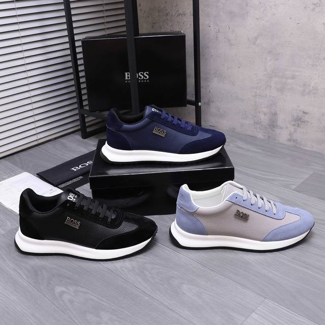 商品商标：Boss 休闲男鞋 正码码数: 38-45 45.定做不退换 商品材料：精选磨砂牛皮拼接荔纹牛皮鞋面 网内里 牛皮鞋垫 橡胶大底