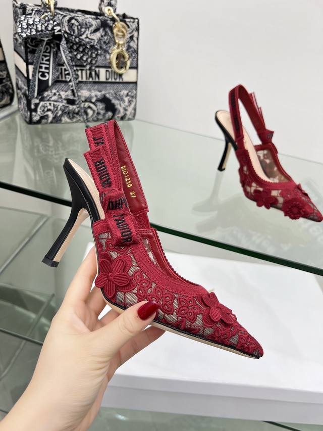 J'adior织带后空凉拖 迪奥 Dior 春夏最新色 Jardin D’Hiver 提花刺绣字母Logo高跟蝴蝶结拼色女鞋 市场顶级高端版本 材质：高温水溶电