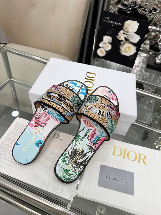 Cd迪奥女士老花刺绣皮底拖鞋 克里斯丁迪奥一直是华丽与高雅的代名词，Oblique 印花棉质刺绣鞋面，原版定型，全套包装 面料: 原版定制进口Oblique 印