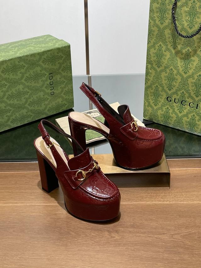 Gucci 古奇秋季新品防水台马鞍扣 马衔扣 厚底后系带乐福鞋 进口牛油皮Gg压花 高跟厚底防水台慕勒鞋，鞋柜必备款 原版套楦 高端品质 典藏图案继续在Guuc