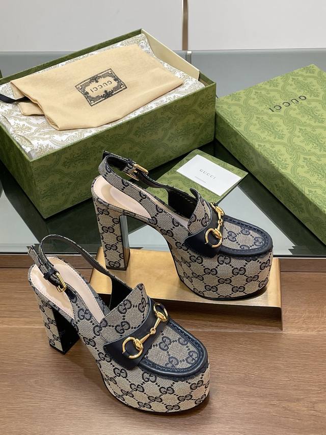 Gucci 古奇秋季新品防水台马鞍扣 马衔扣 厚底后系带乐福鞋 进口G G老花布 高跟厚底防水台慕勒鞋，鞋柜必备款 原版套楦 高端品质 典藏图案继续在Guucc
