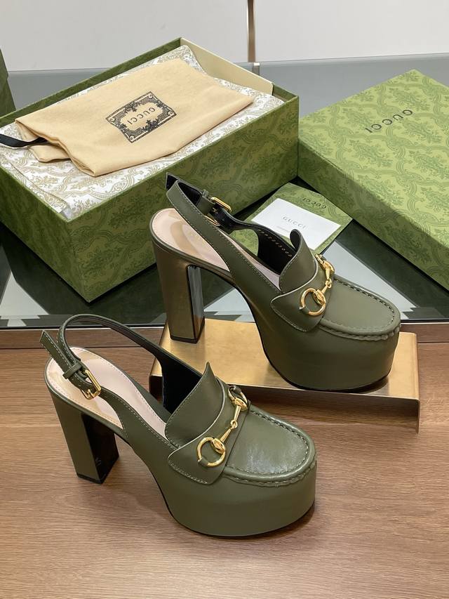 Gucci 古奇秋季新品防水台马鞍扣 马衔扣 厚底后系带乐福鞋 平面小牛皮 高跟厚底防水台慕勒鞋，鞋柜必备款 原版套楦 高端品质 典藏图案继续在Guucci全新