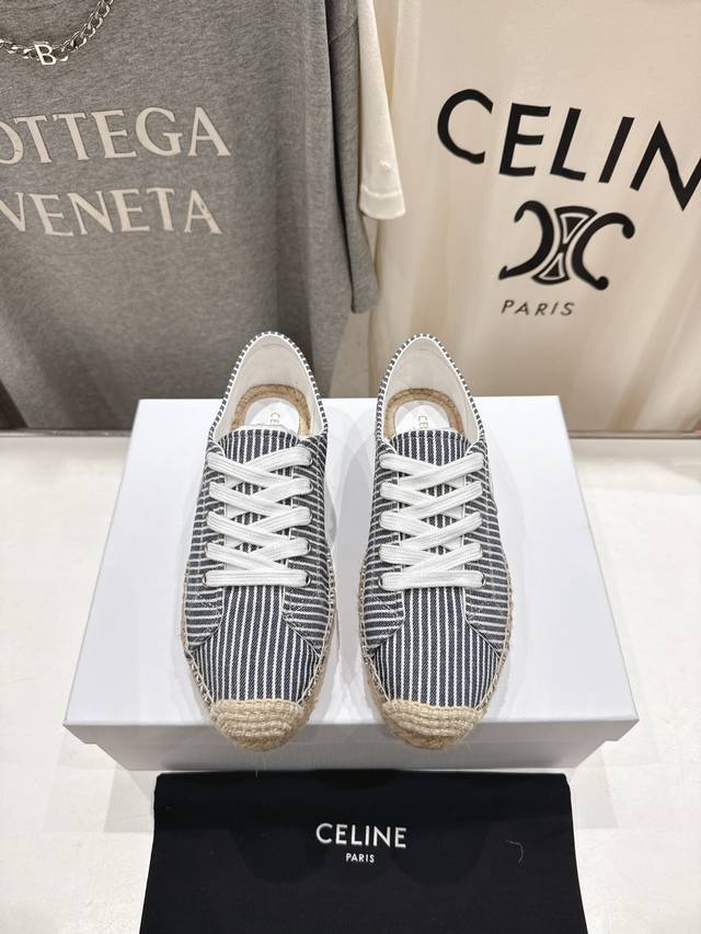 高版本出厂 Celine*塞琳2025Ss新款麻绳底渔夫鞋厚底系带休闲鞋帆布鞋，高级感十足 网红Ins种草神器、非常复古风、气场十足单品、设计风格非常新颖、高档