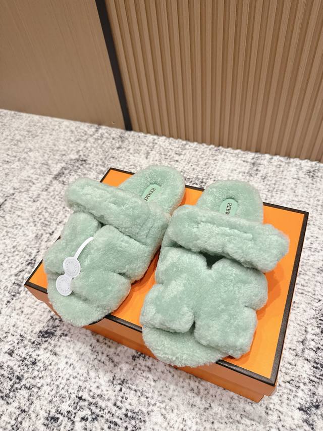顶级版本：女款 男款380 Hermes爱马仕Chypre系列 老舅鞋 泰迪二舅毛拖鞋 H毛拖 魔术贴毛拖鞋 原版购入开发 做货 爱马仕Chypre系列 毛茸茸
