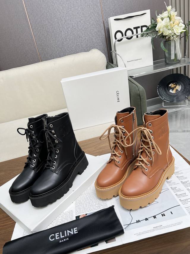 工厂P价 女装女鞋 运动原单 Celine 赛琳 凯旋门马丁系带厚底平底粗跟粗靴！！面料头层牛皮、内里羊、标准码数35 40 41、42订做不退放