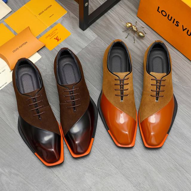 调工厂P价 男装男鞋 运动原单 商品商标：Lv 路易威登 商务正装系带皮鞋 正码码数: 37-46 商品材料：精选优质牛皮拼接磨砂皮鞋面 猪皮内里 橡胶大底