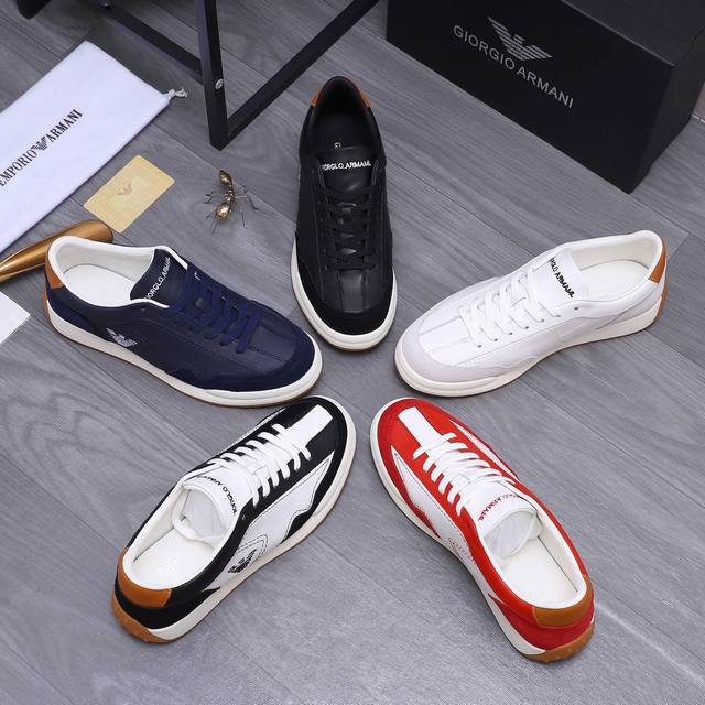 商品商标：Armani 阿玛尼 休闲鞋 正码码数: 38-44 商品材料：精选牛皮拼接磨砂皮鞋面 牛皮内里 橡胶防滑大底