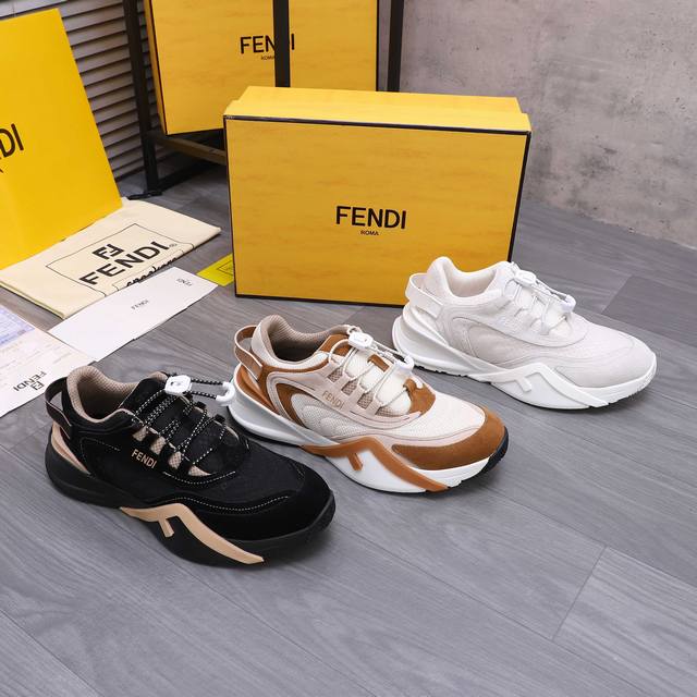商品商标：Fendi 芬迪 休闲鞋 正码码数: 38-45 45定做不退换 商品材料：精选 磨砂牛皮拼接透气布面 网内里 原版大底