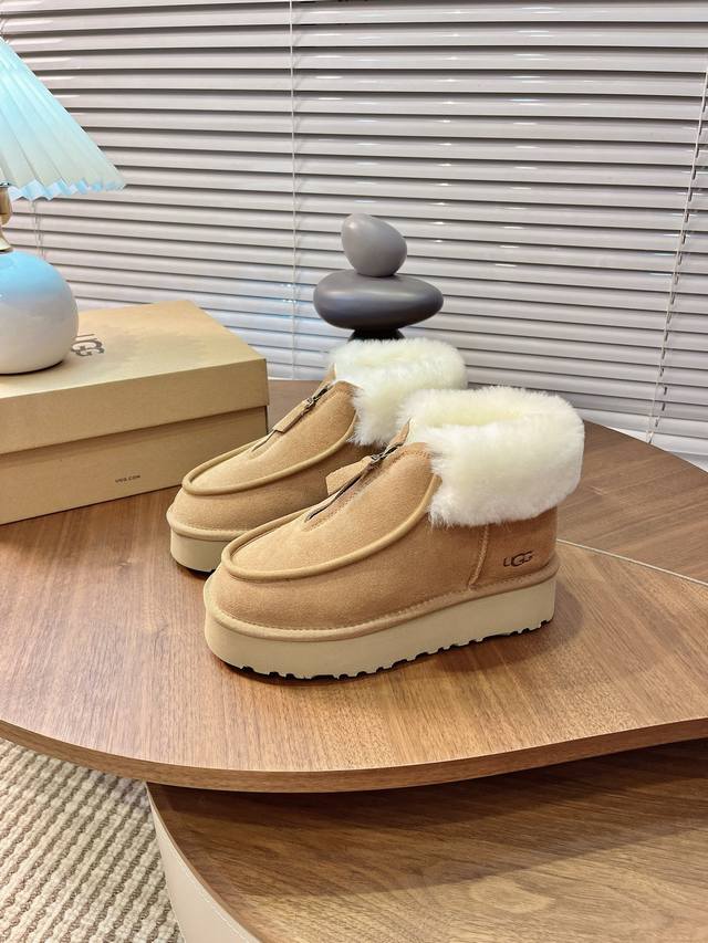 Ugg方克特雪地靴毛毛鞋 中拉链 上新+ ：新款升级 ：方克特靴栗色棕细节实拍完美 Ugg 专柜同步：Funkette Boot方克特靴 ：松糕前拉链厚底雪地靴