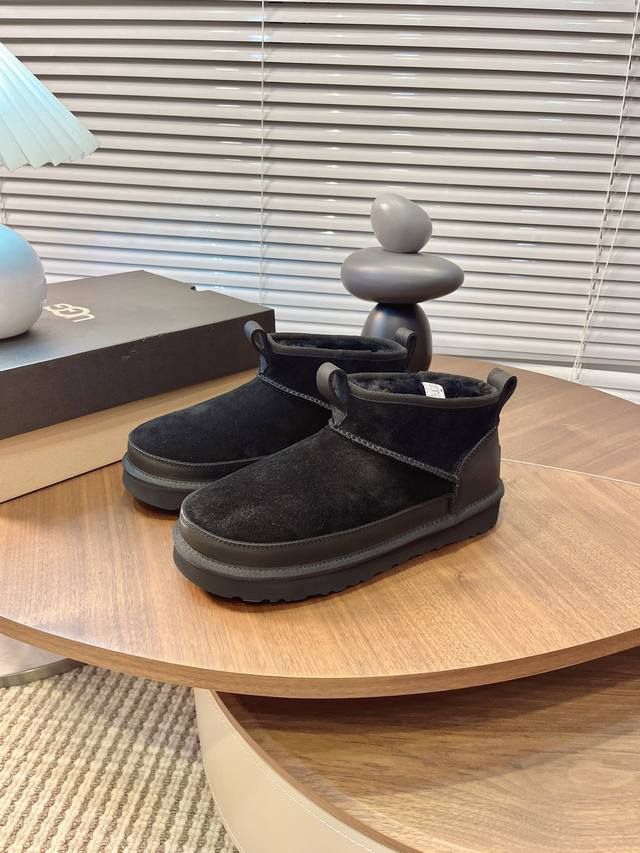 Ugg秋冬季男士毛毛鞋 男款雪地靴 男鞋休闲舒适平底圆头时尚休闲短靴 一脚蹬 牛皮磨砂面+Eva大底 码数39-45