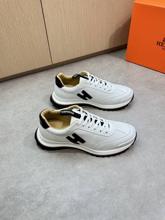 调工厂P价 男装男鞋 运动原单 Hermes 爱马仕 -高端品质 原单 休闲运动鞋 -鞋面：荔纹小牛皮、高丝光帆布、鞋身车缝品牌′H′图腾、鞋舌品牌Logo织带