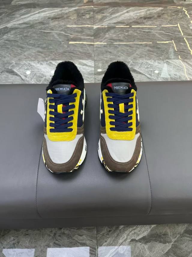 Premiata 普瑞米亚达 -高端品质 原单 休闲运动鞋 -鞋面：反绒小牛皮、品牌高丝光帆布、鞋身车缝品牌“米”图腾、鞋舌.后跟.丝印品牌Logo -内里：毛
