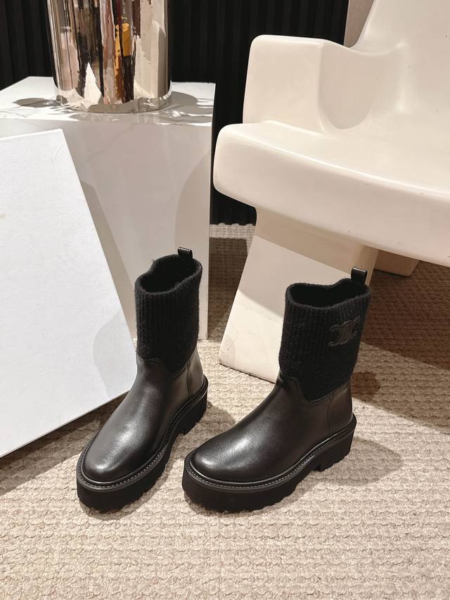 出厂价P Celine 思琳新款 经典凯旋门毛线筒祙子厚底牛皮短靴 超级显气质增高显瘦款 女王的绝佳搭配！简约时尚又俏皮懒人毛线袜子 鞋面：牛皮 内里：牛皮 原