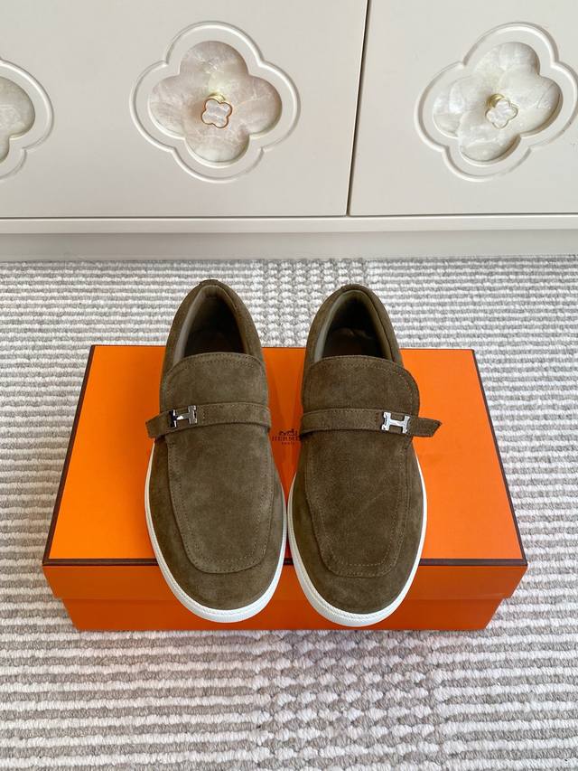 批女 男 Hermes 爱马仕H家 情侣 H扣厚底一脚蹬乐福鞋 顶级品质 经典Mini“H”扣橡胶鞋底