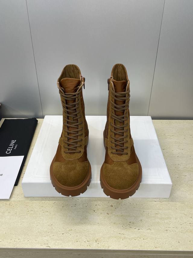 工厂P价P Celine 2025秋冬新款系带机车女短靴 瑟琳字母Logo厚底低跟圆头拼色骑士登山靴 材质:鞋面定制进口牛猄皮 环保透气帆布+水染牛皮垫脚+原版