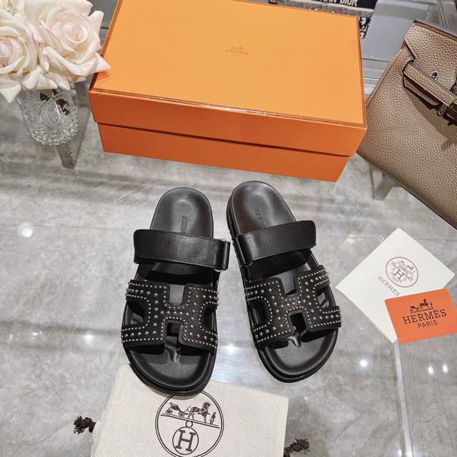 二舅拖全系列』 出厂价Pp铆钉女款 男款360Herme*25春夏新款不多解释了，买过的都知道 原版牛皮面料 Tpu防滑大底 女款35-39 40. 45.46