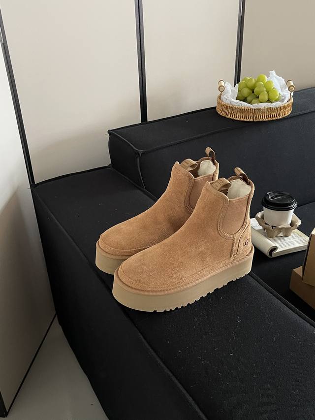 切尔西时装靴 秋冬新款女士休闲舒适厚底切尔西时尚靴明星同款 内里毛 :