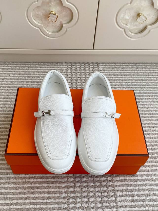 批女 男 Hermes 爱马仕H家 情侣 H扣厚底一脚蹬乐福鞋 顶级品质 经典Mini“H”扣橡胶鞋底
