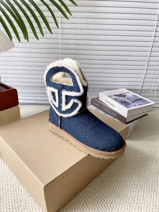 蓝牛仔 秋冬款毛毛鞋雪地靴 舒适平底纯色圆头时尚休闲短靴 牛皮磨砂面+内里真羊毛 颜色：黑皮 黑色。栗色。牛仔布 码数35-40 40定做