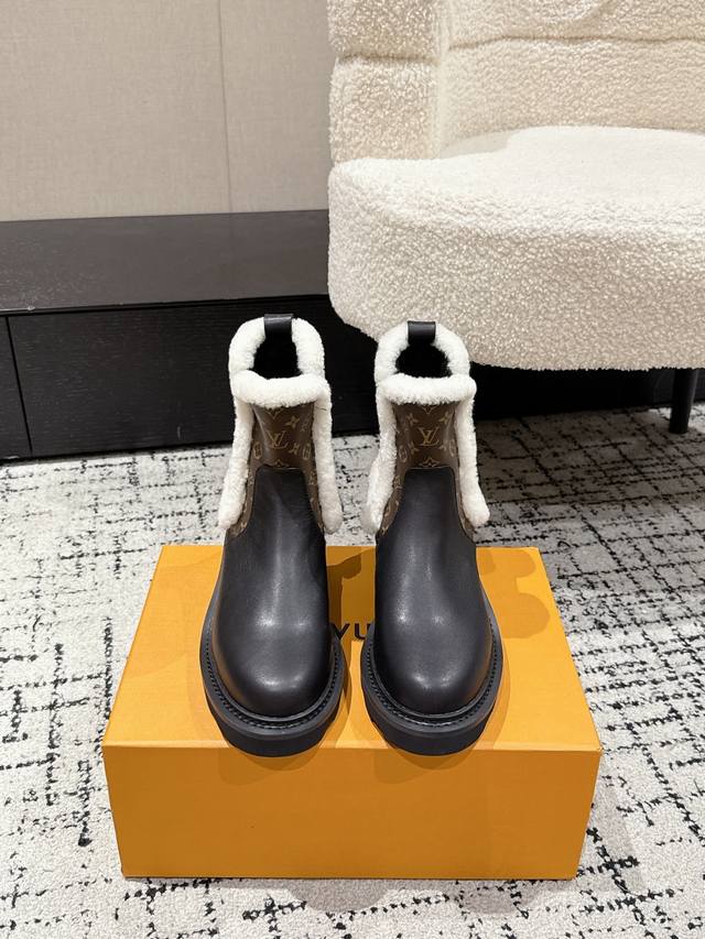 Louis Vuitton 秋冬新款 25 Lv Beaubourg 羊毛口切尔西及踝靴松紧带棋盘格老花皮拼色厚底高跟切尔西短靴 本款 Lv Beaubourg