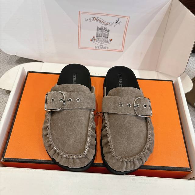 出厂价P Hermes 爱马仕 经典Key 穆勒鞋半拖系列 时尚又百搭 超级舒服 每个细节都做到极致 原版牛反绒鞋面 原版1:1独家私模他Tpr水台 原版私模橡