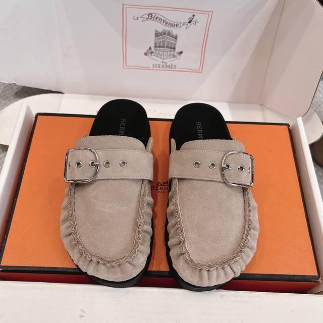 出厂价P Hermes 爱马仕 经典Key 穆勒鞋半拖系列 时尚又百搭 超级舒服 每个细节都做到极致 原版牛反绒鞋面 原版1:1独家私模他Tpr水台 原版私模橡