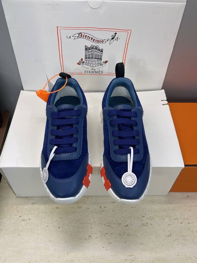 工厂P价P 配全套飞机盒 莞货 顶级版 爱马仕 Hermes 2025秋冬经典情侣款 Bouncing 休闲系带百搭运动鞋 H家厚底时尚风格拼色跑鞋 材质：鞋面